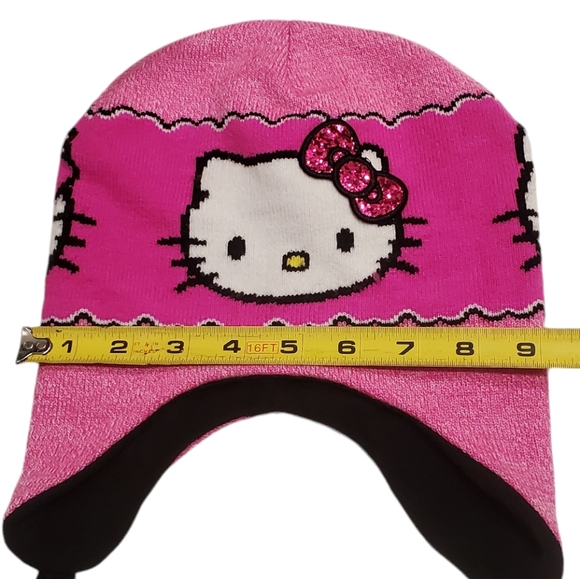 Hello Kitty Earflap Beanie Hat Sanrio Knit Cap Pink Black Cat Kids Girls 4-14 - Picture 7 of 8